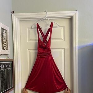 B Darlin Red Satin Backless A-Line Dress